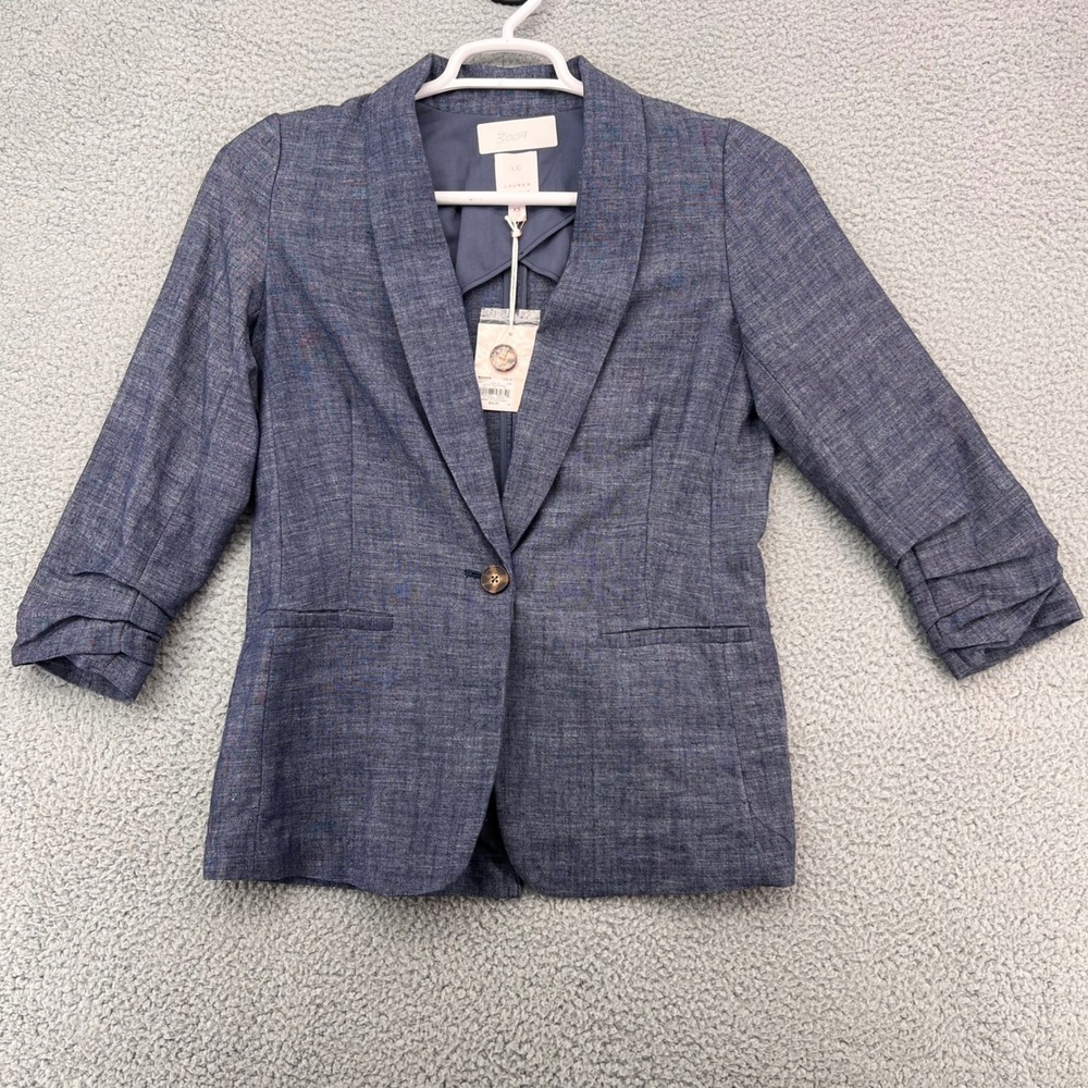 LC Lauren Conrad Shawl Collar Blazer Women XS Blue Ruched 3/4 Sleeve Linen Blend